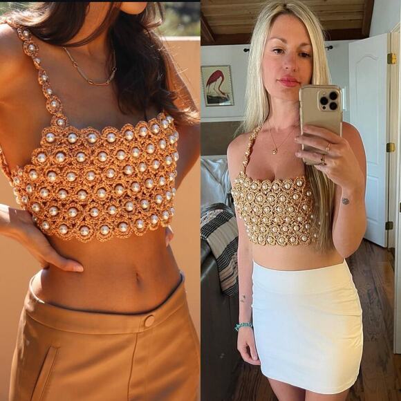 Alameda Turquesa Hana Pearl Embellished Crochet Crop Top White O/S NWT $432 - Picture 9 of 9